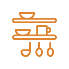 Kitchen shelves with dishes and utensils to represent pantry